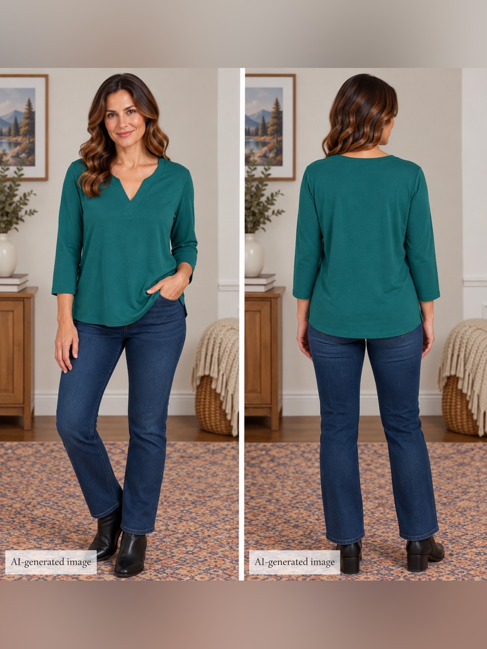 L.L.Bean Women’s Emerald / Teal Green V-Neck 3/4 Sleeve Top